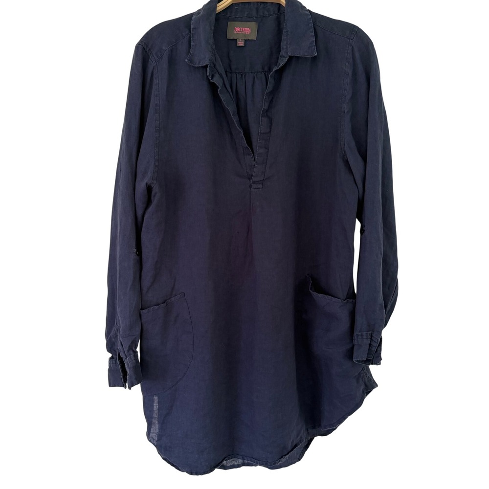 Forcynthia Womens 100% Linen Navy Blue Roll Tab Sleeve Pockets Tunic Large